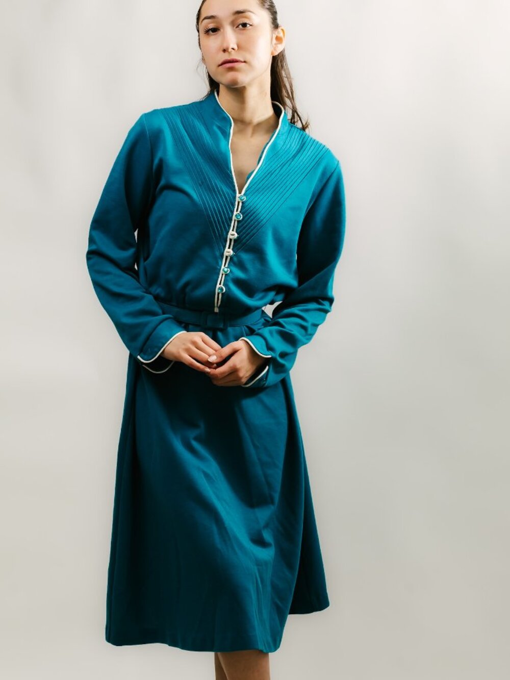 80s Blouson Dress (L) large teal vintage midi wool Kenny Classics long sleeve